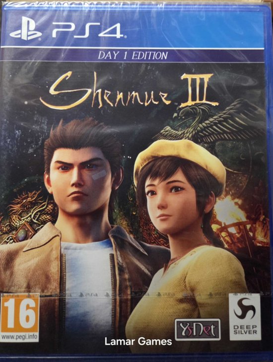 Doos van Shenmue III Day 1 Edition voor PS4, met afbeelding van twee personages.