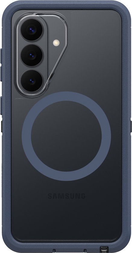 Blauw transparant telefoonhoesje met magnetische ring en drie camera's op de achterkant.