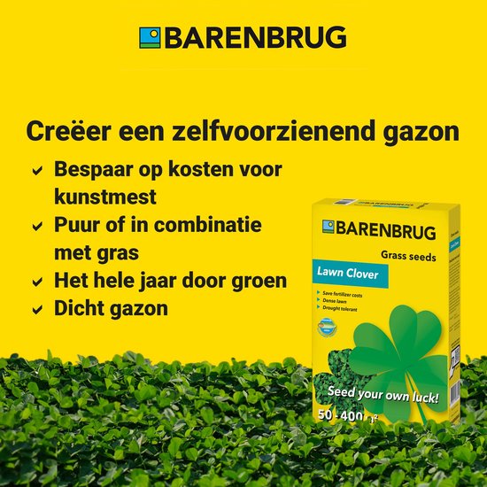 Gele verpakking Barenbrug Lawn Clover met opdruk van een groene klaver en tekst. Naast de verpakking is groen gras te zien.