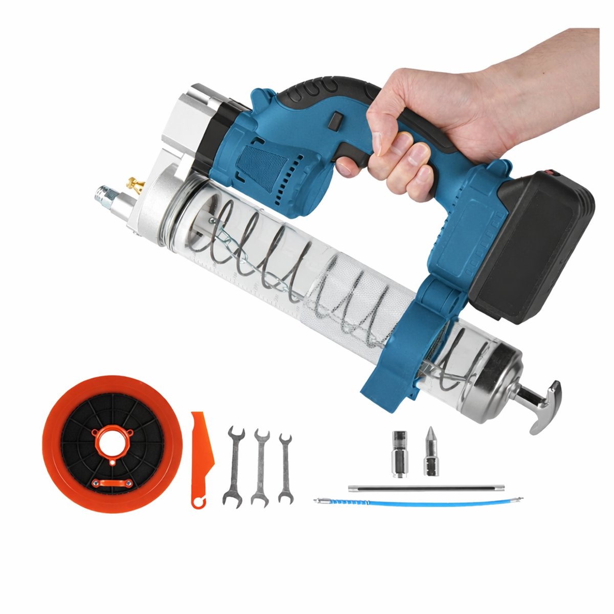 Elektrische Vetspuit - Borstelloze Motor - 960W Vermogen - 10000PSI - 69MPa Hogedruk - Draadloos Vetpistool - Smeermiddel Injector - 50cm Explosieveilige Slang - Ingebouwde Werklamp - Antislipgreep - Opbergkoffer - Accu Aansluiting