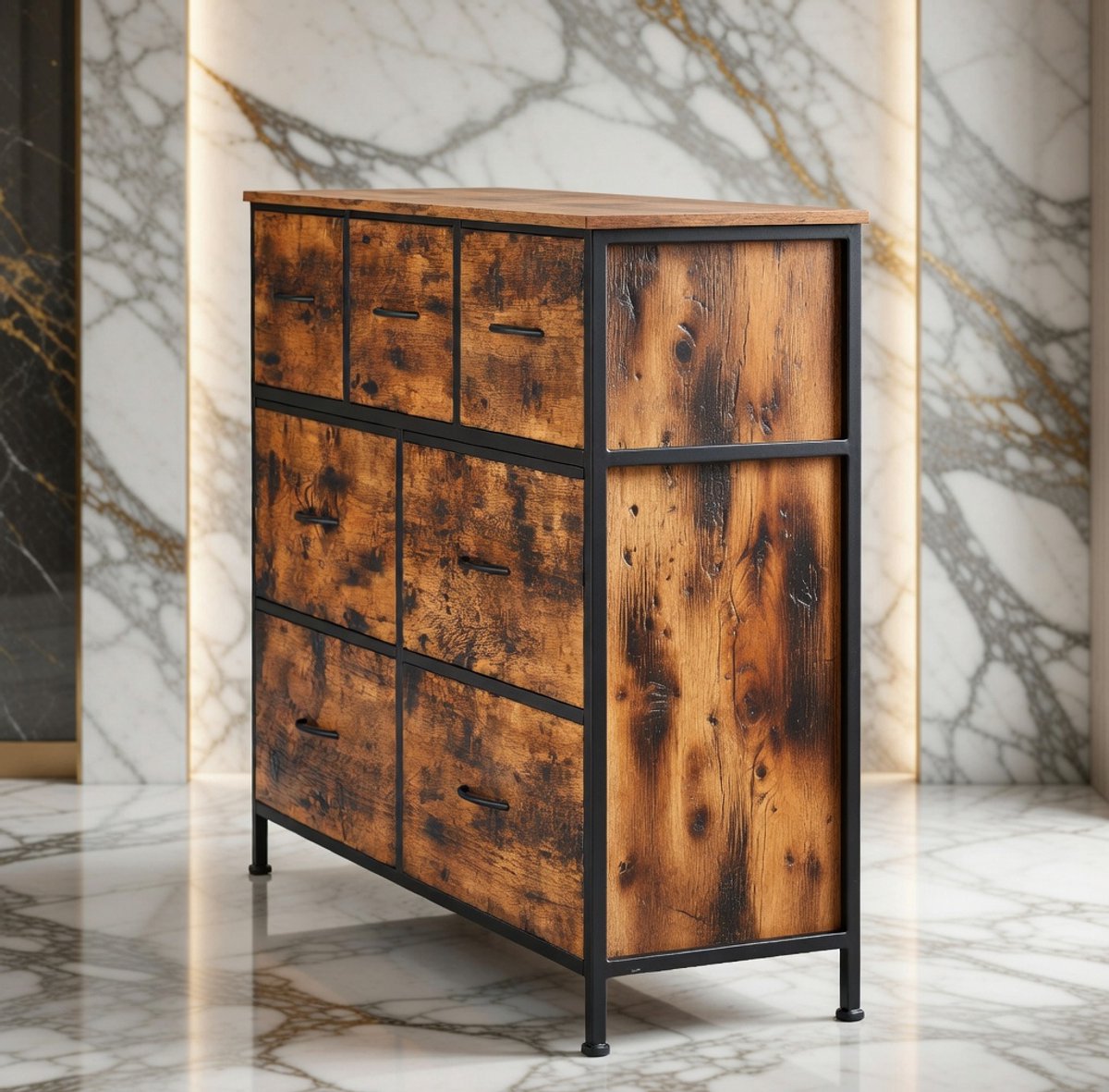 Vintage Luxe Ladekast – Industriële Commode met 7 Laden – Opbergkast voor Slaapkamer, Woonkamer, Hal & Kantoor – Vintage Bruin/Zwart,House&Garden