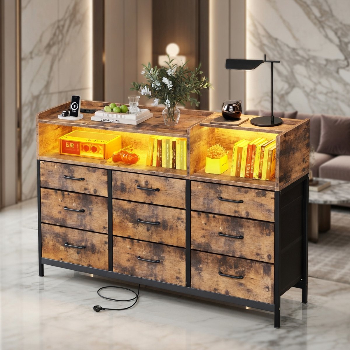 uxe Retro Commode met 9 Laden, LED-verlichting en USB-oplaadfunctie – Vintage Stijl Slaapkamerkast met Grote Opbergruimte en Stabiel Stalen Frame,House&Garden