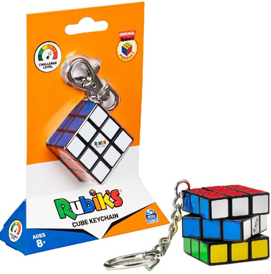 Rubik's Cube sleutelhanger in oranje verpakking, met de bekende kleuren en een uitdagingsniveau-indicator.
