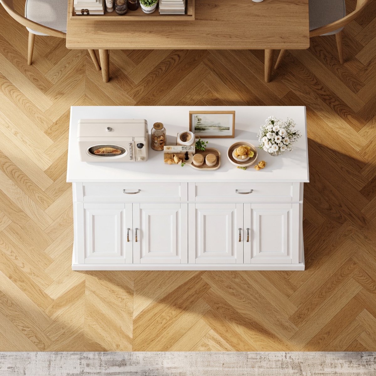 Luxe Keukendressoir 140 cm met 2 Lades en 4 Deuren – Grote Buffetkast met Werkblad en Verstelbare Planken – Moderne Opbergkast voor Keuken, Woonkamer en Eetkamer – Wit – Novihome