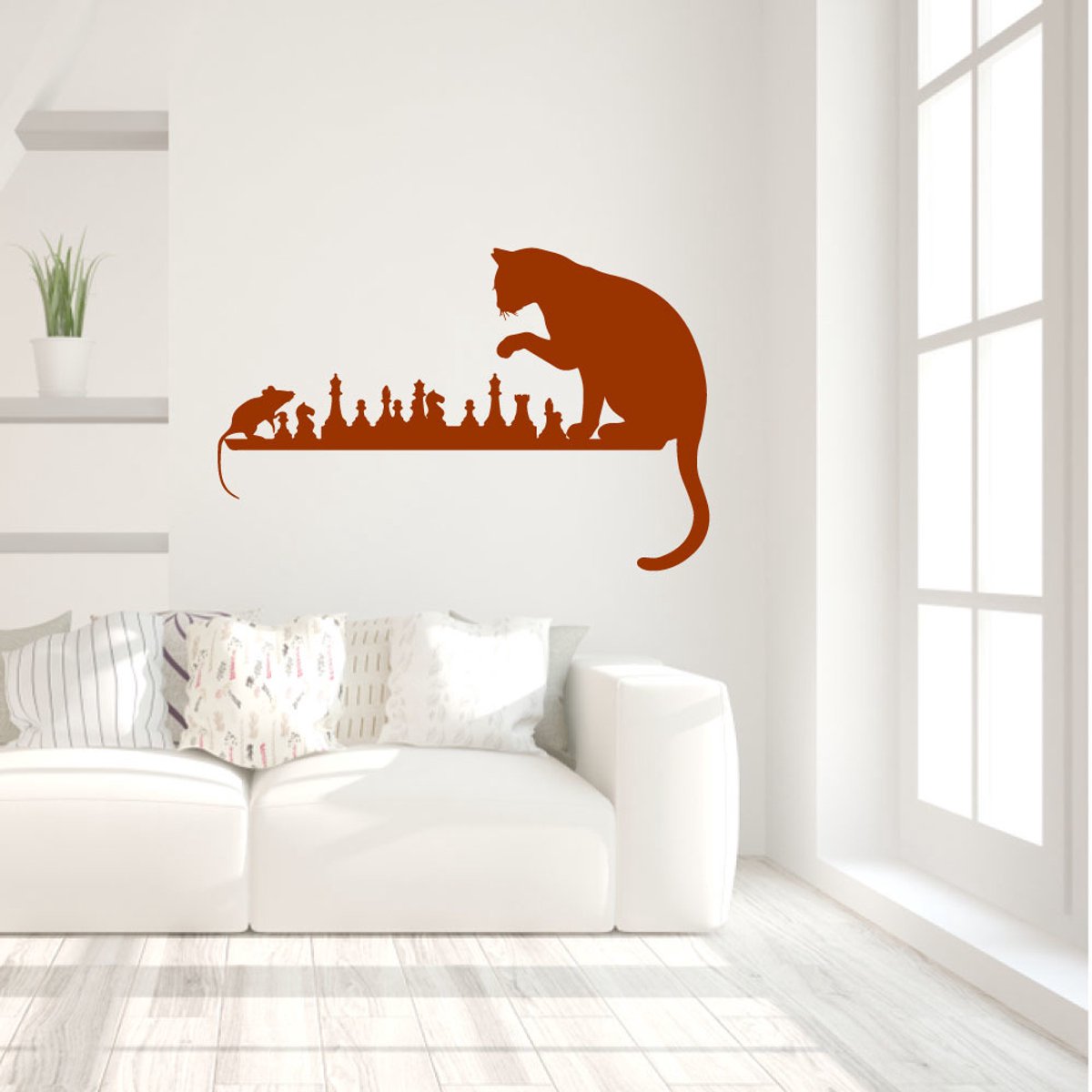 Muursticker Kat en muis spelen - Lichtbruin - 120 x 78 cm baby en kinderkamer - muursticke