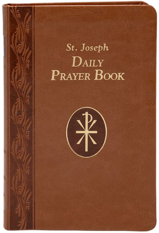 Livre de prières marron avec inscription dorée 'St. Joseph Daily Prayer Book' et un christogram circulaire.