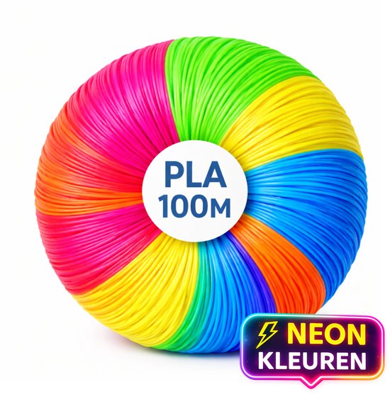 Een grote spoel van 100 meter PLA filament met neonkleuren, gevormd als een strandbal.