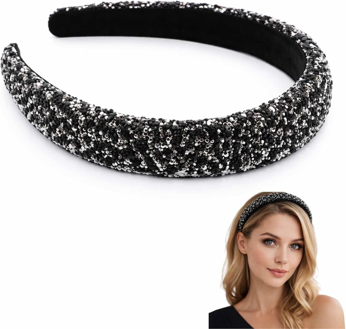Brede Haarband - Glitter Strass - Feestelijk Accessoire - Verfraait Kapsel - 16x20x2.5cm - Zwart