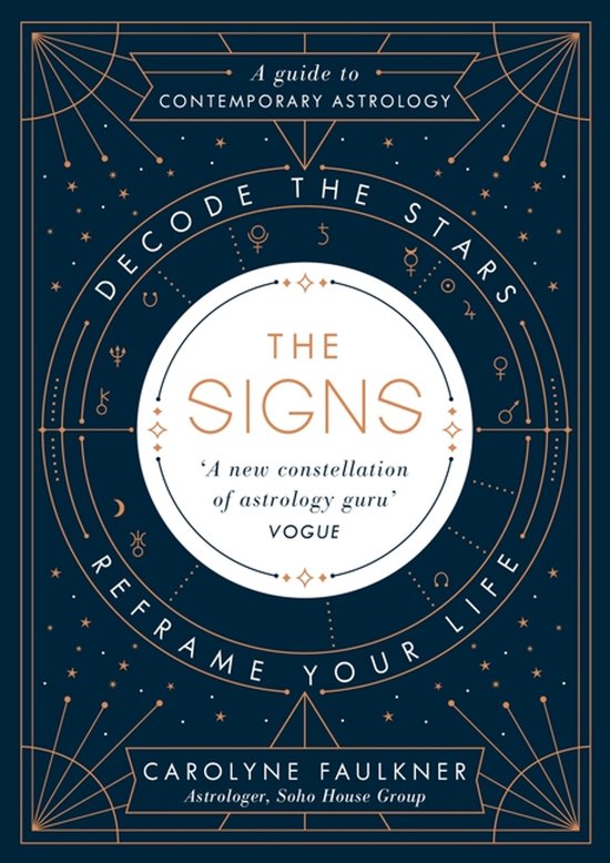 Boek 'The Signs: A guide to contemporary astrology', met astrologische symbolen en sterren op een donkerblauwe achtergrond.