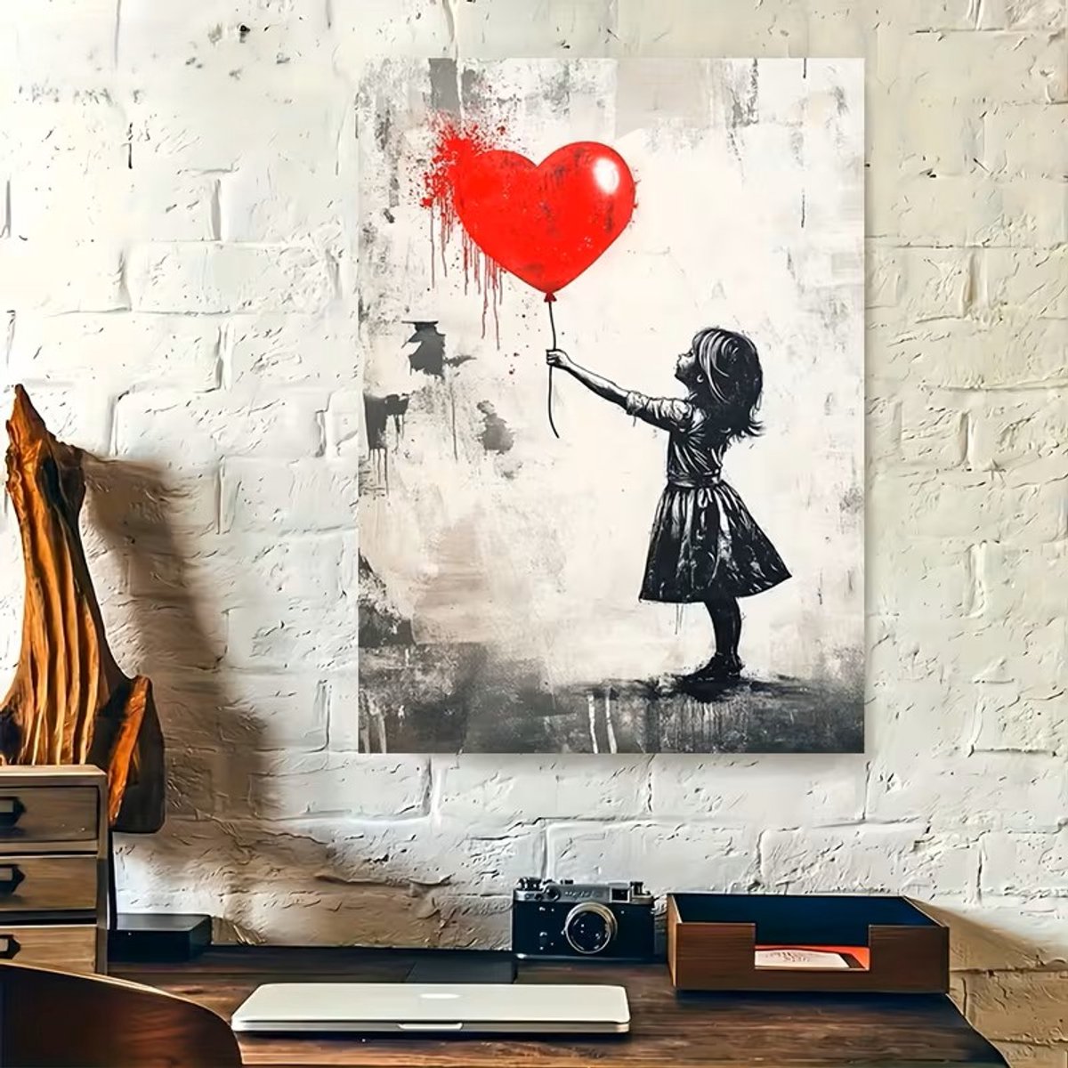 Canvas poster - Street art - Meisjes kamer - Jongens kamer - Kinderslaapkamer - Meisje met ballon - Abstracte kunst - Moderne wanddecoratie - 40x60 cm - ZONDER LIJST - Zwart wit rood - Trendy