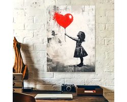 Canvas poster - Street art - Meisjes kamer - Jongens kamer - Kinderslaapkamer - Meisje met ballon - Abstracte kunst - Moderne wanddecoratie - 40x60 cm - ZONDER LIJST - Zwart wit rood - Trendy