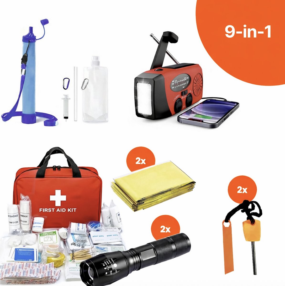 IMENGINE Lux Noodpakket - 9 in 1 - Noodpakket Voor Thuis - EHBO-kit - kamperen- Noodsituaties, Stroomuitval, Oorlog, Water uitval - Waterfilter, Powerbank, Noodradio door Overheid Geadviseerd - Noodradio - Survival Kit bij Rampen en Oorlog