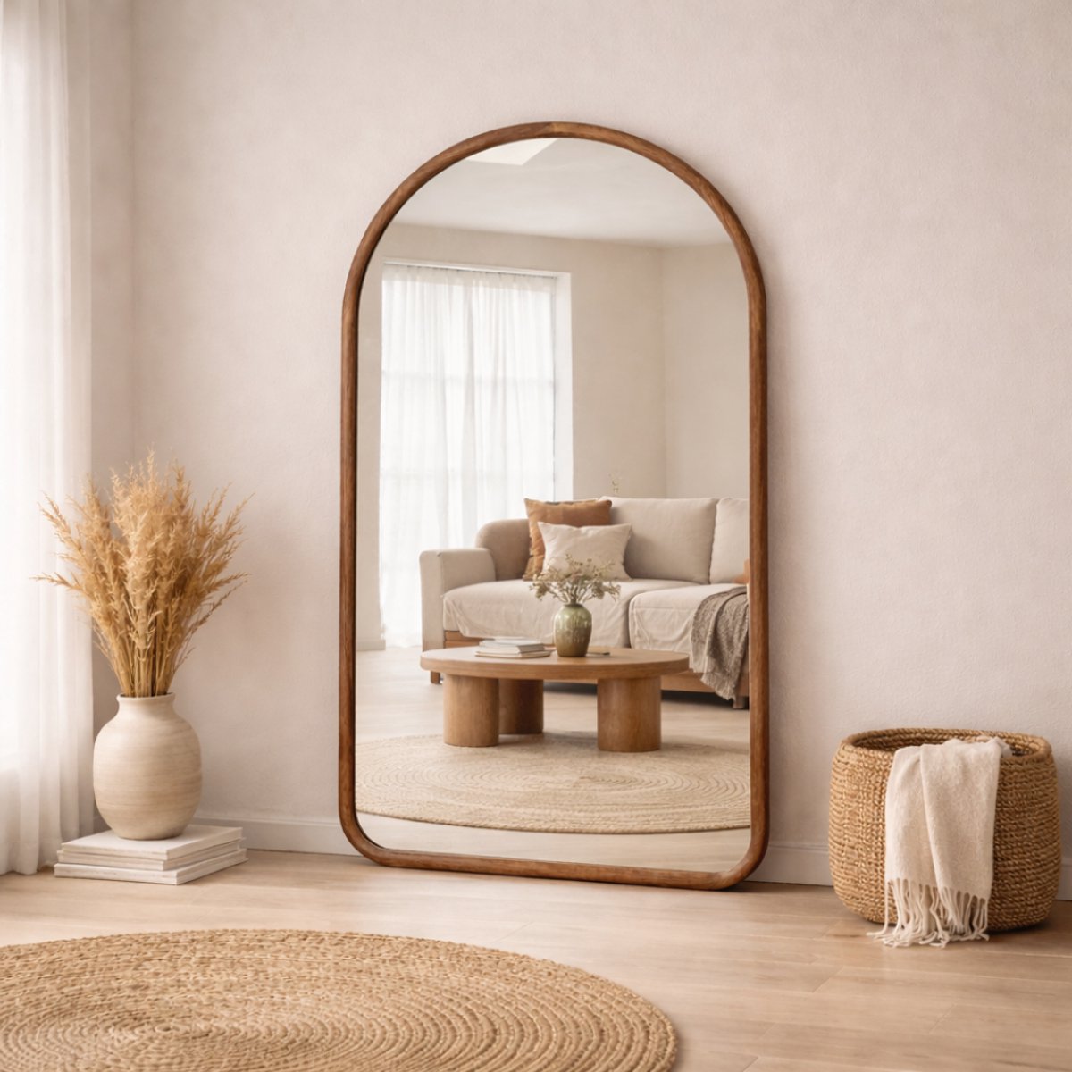 AMS Living® Spiegel - Boog Spiegel - Japandi Spiegel - Grote Spiegel 200 x 100 cm - Passpiegel - Wandspiegel - Staande Spiegel - Houten Rand - Eikenhout - Modern - Kleedkamer Spiegel - Houten Eikenhouten Boogspiegel - 200x100cm