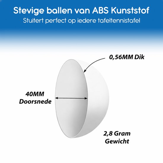 Witte tafeltennisbal van ABS kunststof. Doorsnede 40mm, gewicht 2,8 gram, dikte 0,56mm.