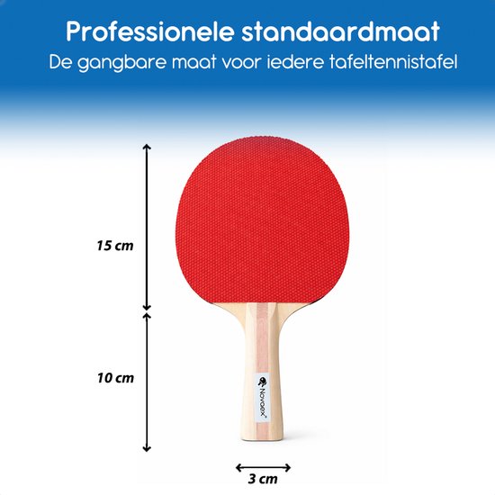 Rood tafeltennisbatje met houten handvat. Afmetingen: 15cm lengte, 10cm breedte, 3cm dikte.