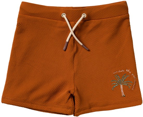 Oranje zwembroek met trekkoord en palmboom borduursel.