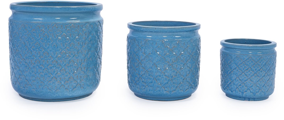 Keramische bloempot met drainagegat - antiek blauw glanzend - vorstbestendig - voor binnen en buiten