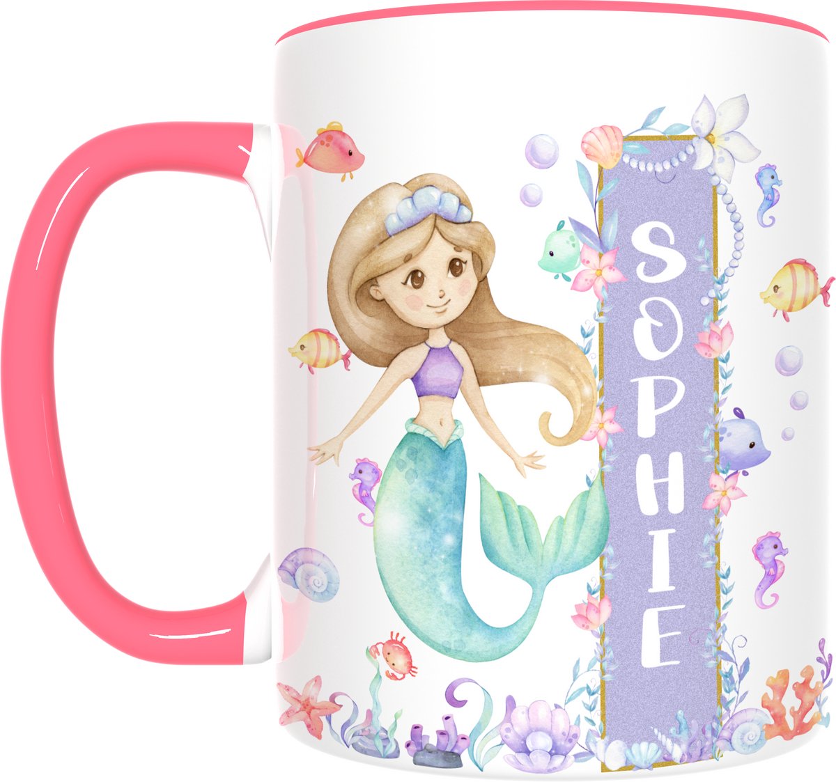 Zeemeermin Mok met Naam – Bruin Haar – Meisjes Cadeau – Zeemeermin Design – Kinder Mok – Inclusief Cadeauverpakking – 350ml