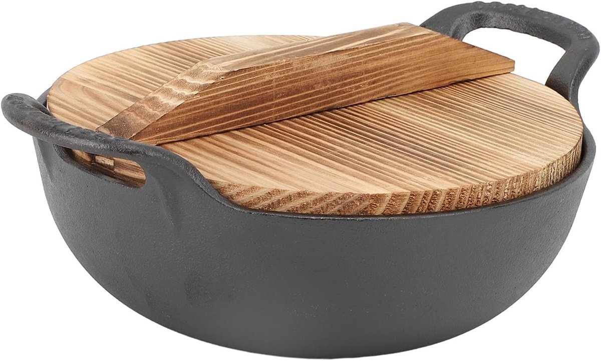 Gietijzeren Wok - Roerbakpan - Aziatisch Koken - Platte Bodem Dubbele Handgreep - 25cm - Zwart