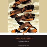 Boekomslag van Jorge Luis Borges' Brodie's Report met een oranje lint dat omhoog kronkelt tegen een bewolkte achtergrond.