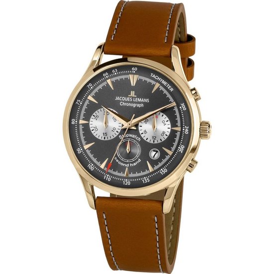Gouden Jacques Lemans herenhorloge met donkergrijs met witte wijzerplaat en bruine leren band.