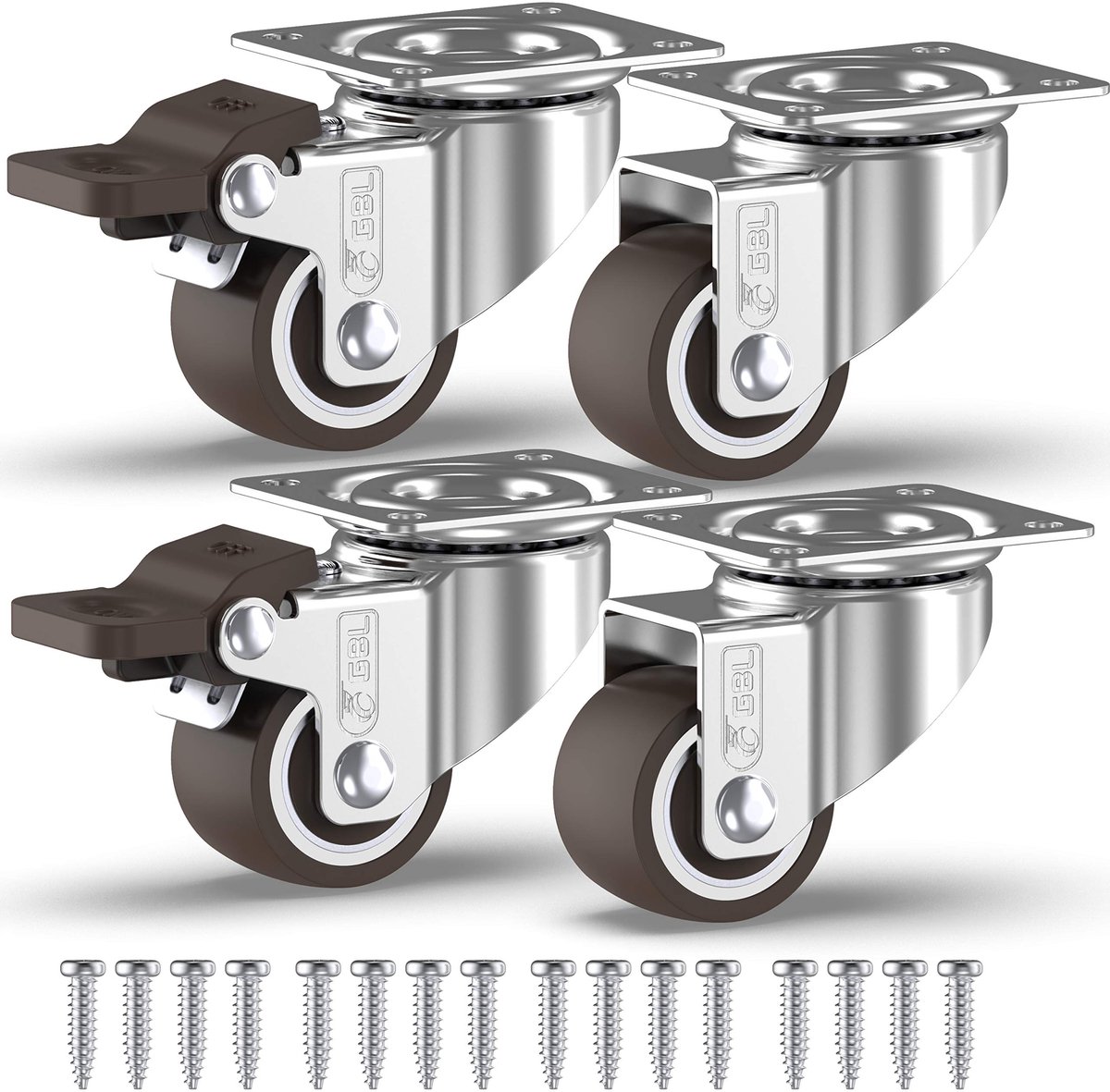 GBL Zwarelast Zwenkwielen met 2 Remmen + Schroeven - 25mm tot 40KG - Pak van 4 Geen Vloersporen Silent Caster voor Meubels - Rubberen Trolley Wielen - Zilver