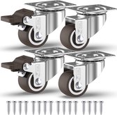 GBL Zwarelast Zwenkwielen met 2 Remmen + Schroeven - 25mm tot 40KG - Pak van 4 Geen Vloersporen Silent Caster voor Meubels - Rubberen Trolley Wielen - Zilver