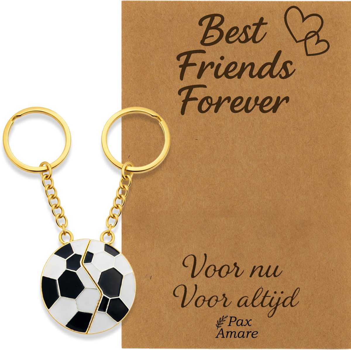 BFF Sleutelhanger voor 2 'Best Friends Forever' - Magnetische Voetbal - Sleutelhangers op Cadeau Kaartje - Goudkleurig - Vriendschap Symbool - Pax Amare