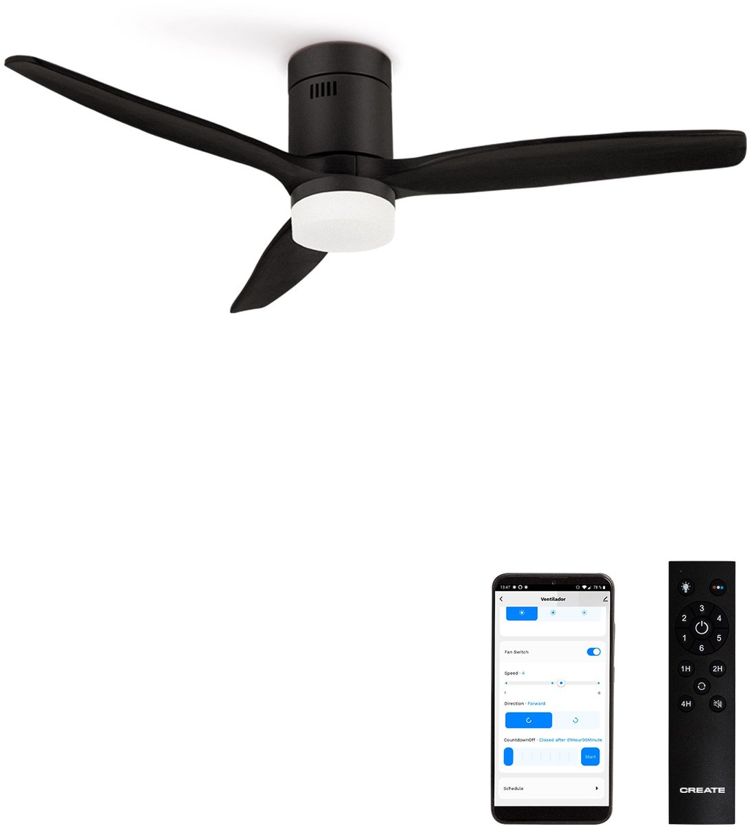 CREATE - Stille 40W plafondventilator met technische ABS bladen in verschillende maten - L - Met licht - WIFI - WIND CALM