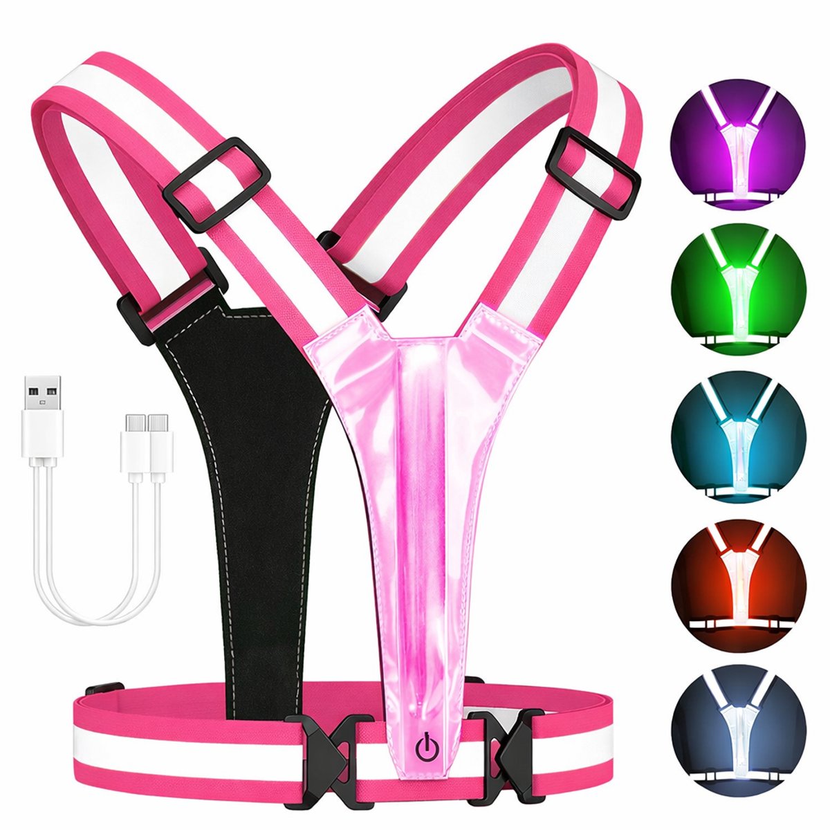 Aventrix Hardloopverlichting Vest LED Roze – USB Oplaadbaar – 360° Zichtbaar – Reflecterend Hardloopvest – Veiligheidsvest – Voor & Achter – Unisex