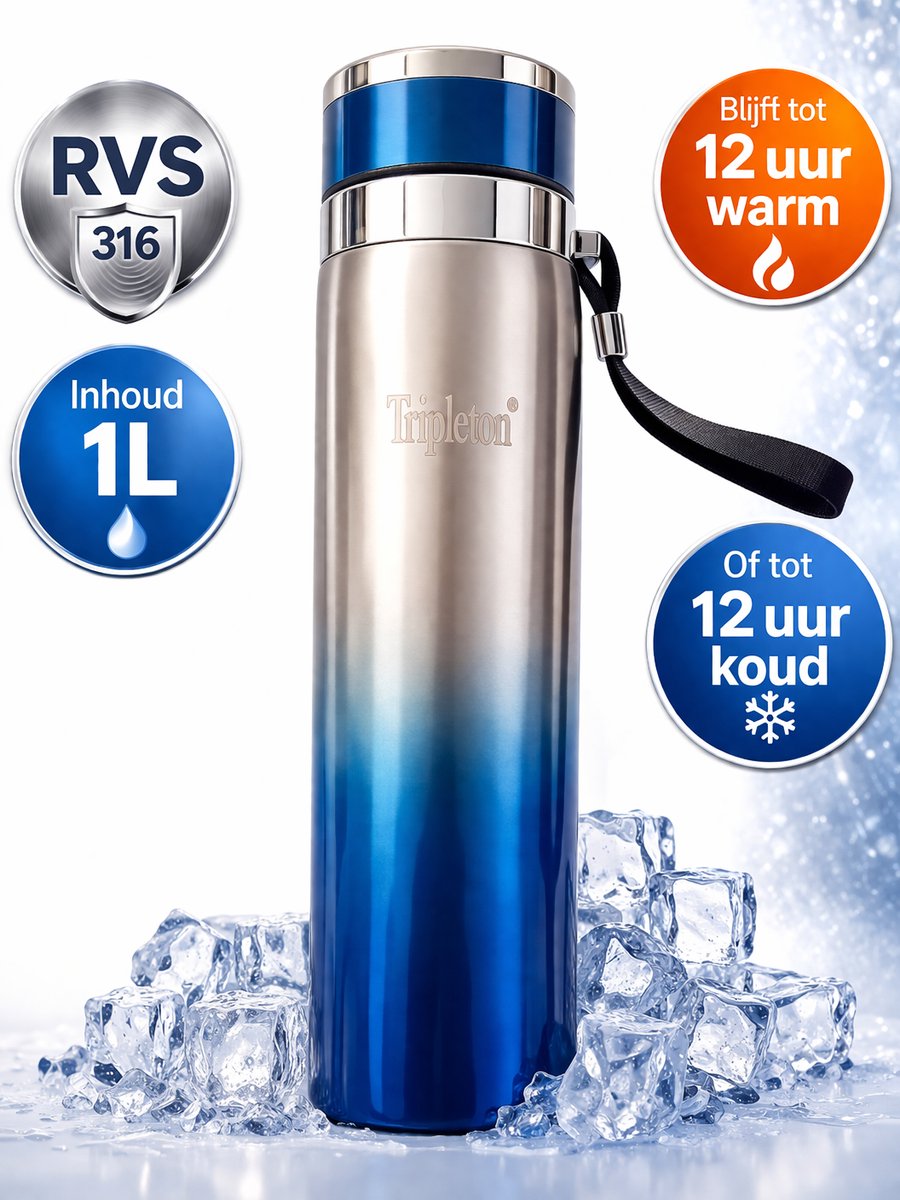 Tripleton® Luxe Thermosfles 1 Liter - RVS Isoleerfles Dubbelwandig - Drinkfles Warm & Koud - Blauw/Zilver - 1000ml