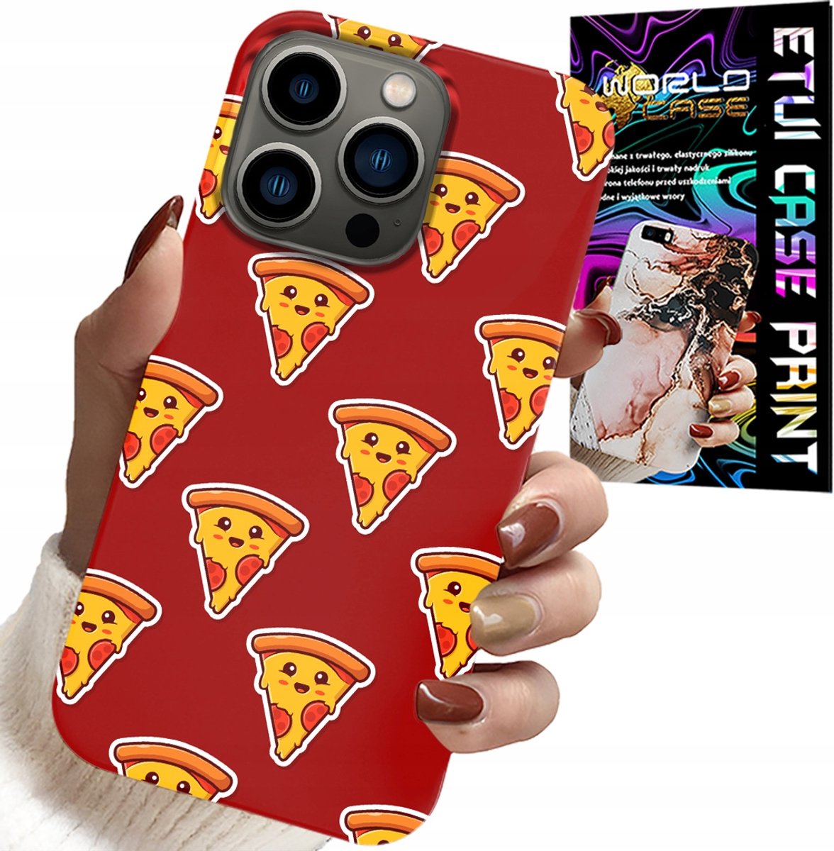 iPhone 14 Pro hoesje - Happy Pizza patroon op een rode achtergrond