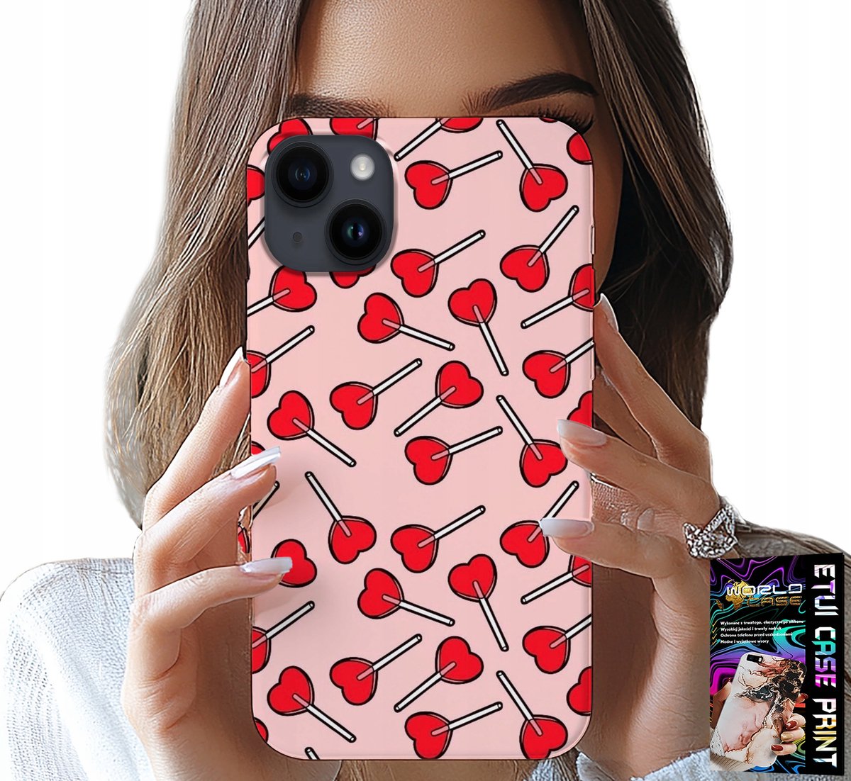 iPhone 14 Plus hoesje - Vrouwelijke, modieuze patronen, lolly's en hartjes