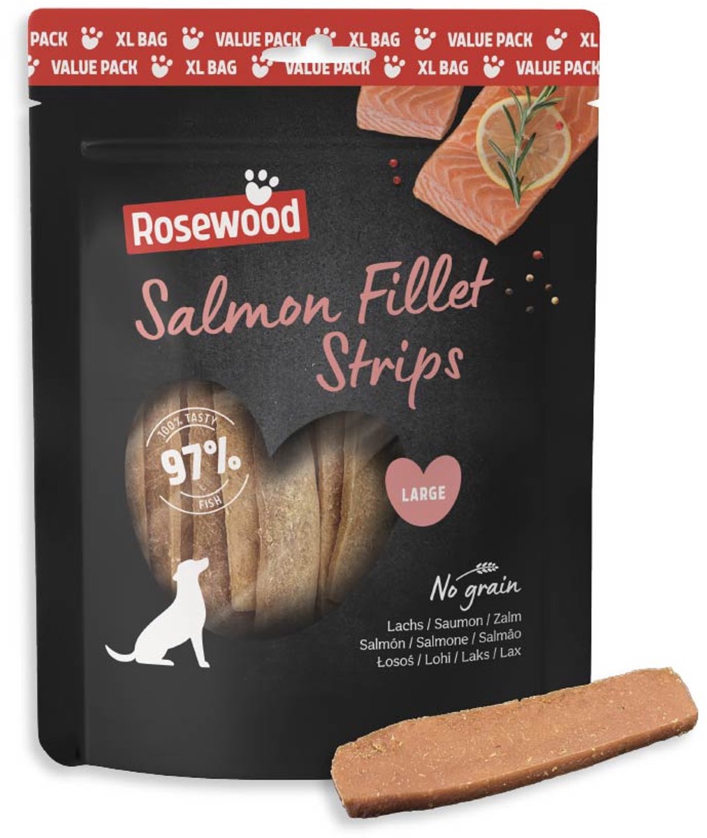 Rosewood Salmon Fillet Strips Large Hondensnack Zalm – 97% Zalm – Voordeelverpakking 400 g – Graanvrij – Zonder Kunstmatige Toevoegingen