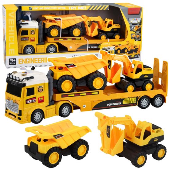 Foto: Playos set bouwvoertuigen geel transportwagen kiepwagen en graafmachine met licht en geluid sleepwagen voertuig speelgoedvoertuig