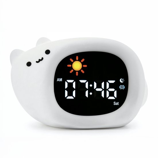 Witte wekker in de vorm van een kat met een digitaal display dat 07:46 toont.