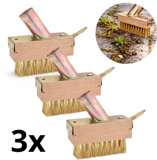 Drie voegenborstels met houten handvatten, metalen schrapers en stalen borstelharen, met de tekst '3x'.