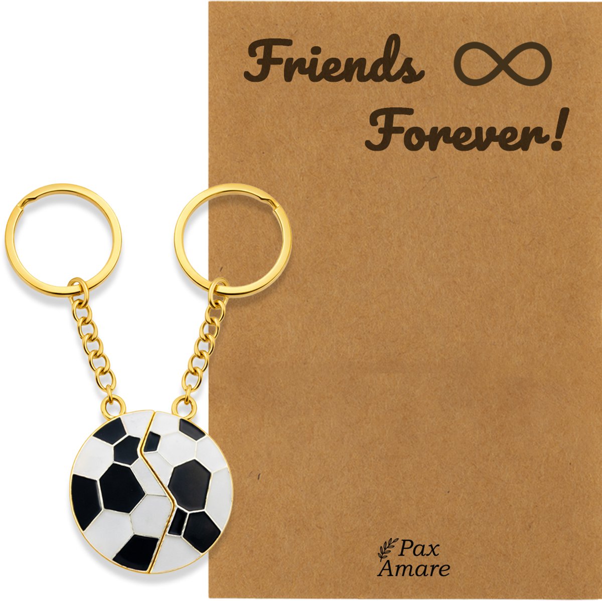 BFF Sleutelhanger voor 2 ' Friends Forever' - Magnetische Voetbal - Sleutelhanger set op Cadeau Kaartje - Goudkleurig - Vriendschap Symbool - Pax Amare