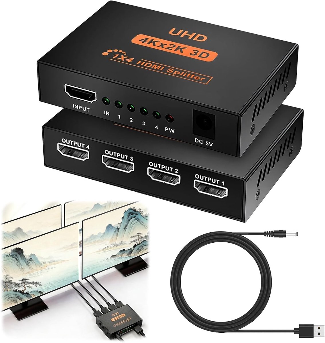 HDMI Splitter - 4K Verdeeler - Meerdere Schermen - HDR Ondersteuning - 1 In 4 Uit - Zwart