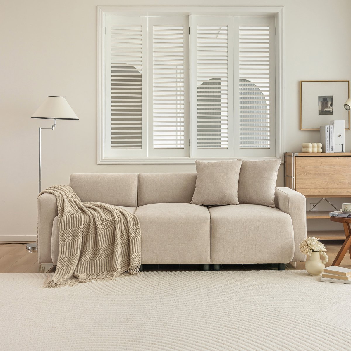 Wishdor - 3-Zits Sofa - Afgeronde Armleuningen En Hoge Rugleuning - Modern Design - Voor Woonkamer - Chenille - Beige - 211 X 67 X 71 Cm