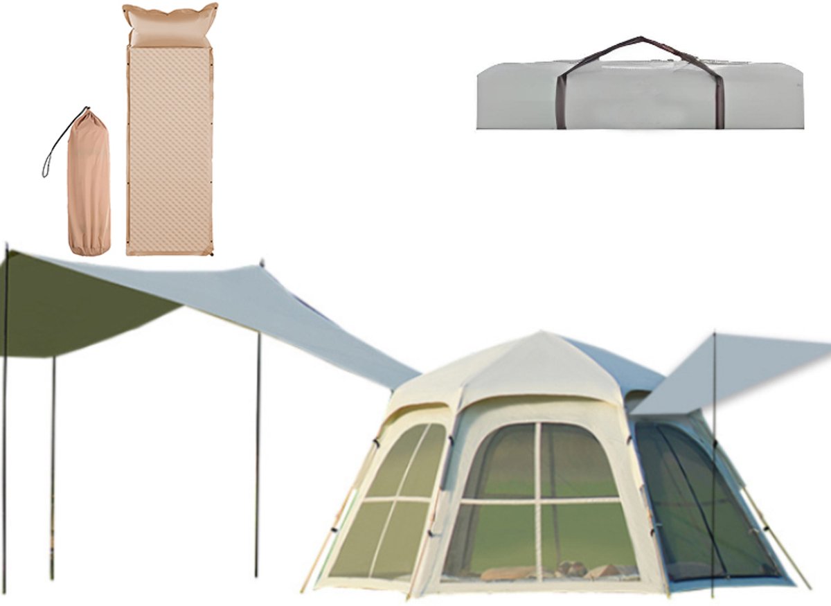 Pop-up Familietent 4 Personen – XXL Zonnescherm – Inclusief Slaapmat – Waterdichte Koepeltent – Opzetten in 3 Seconden – Voorluifel en Draagtas – Wit
