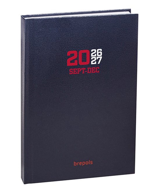Donkerblauwe Brepols agenda 2026-2027, met rode tekst '20 26 27 SEPT-DEC' en logo.