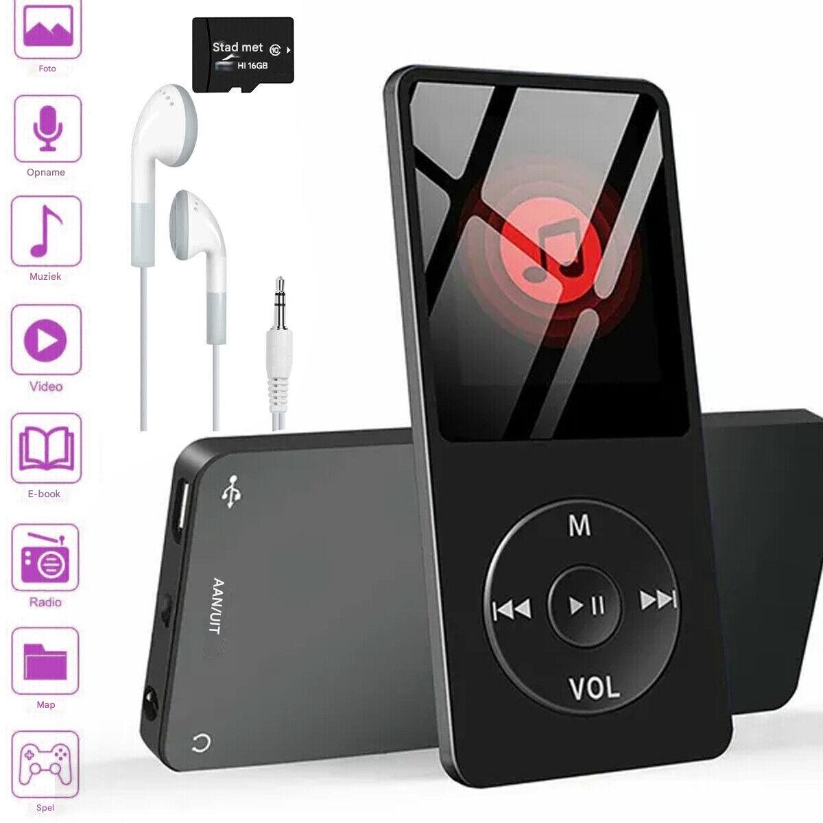 Bluetooth Mp3-speler - 16 Gb - 70 Uur Speeltijd - 1 Stuk - Zwart