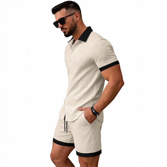Fashion d'été en lin pour homme - Chemisier et short - Coupe ajustée - Mode - Chemise - Wit