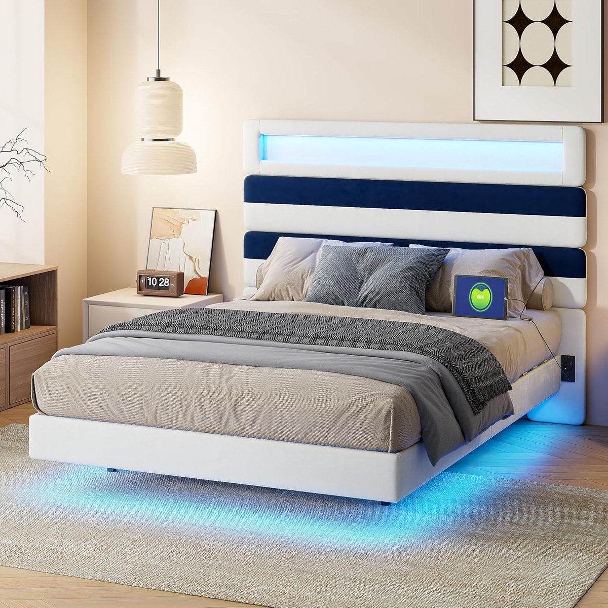 Gestoffeerd Bed - Tweepersoonsbed Frame - Slaapkamer Inrichting - Met LED en USB - 140x190 cm - Wit Blauw