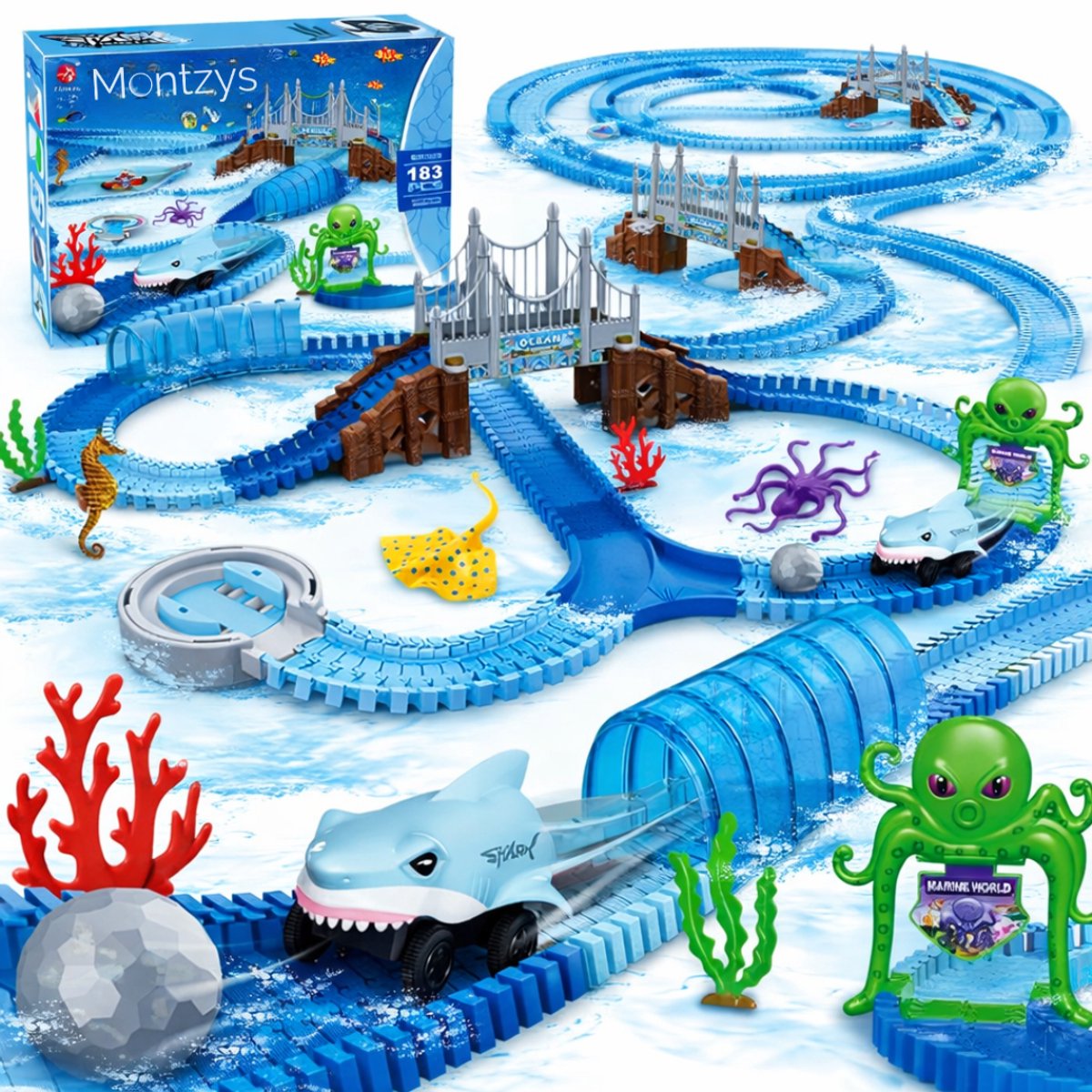 Montzys® Haai Racebaan - 183 Delige Autobaan - Dino Speelgoed Elektrisch - Flexibele Auto Racetrack - Sinterklaas & Kerst Cadeau Voor Kinderen