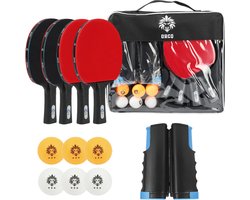 ORCQ - Professionele tafeltennis set - 4 Tafeltennisbatjes - 6 Balletjes - Pingpong net - Opberghoes met rits - Professionele 3 ster pingpong balletjes