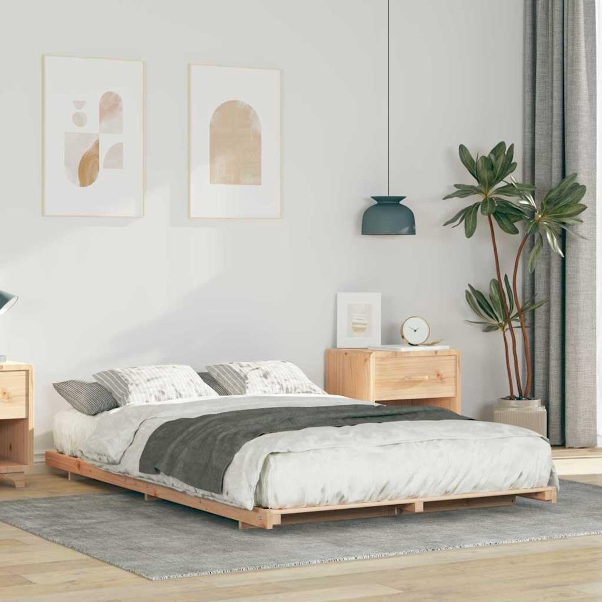 Houten Vloerbedframe - Laag Bedframe - Slaapkamer Inrichting - Massief Grenenhout Construc