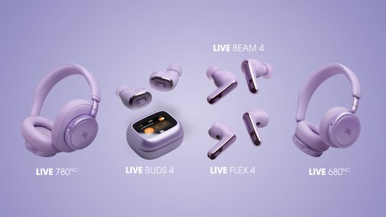 Paarse JBL koptelefoons en oortjes op een paarse achtergrond. Producten: LIVE 780NC, LIVE BUDS 4, LIVE FLEX 4, LIVE 680NC.