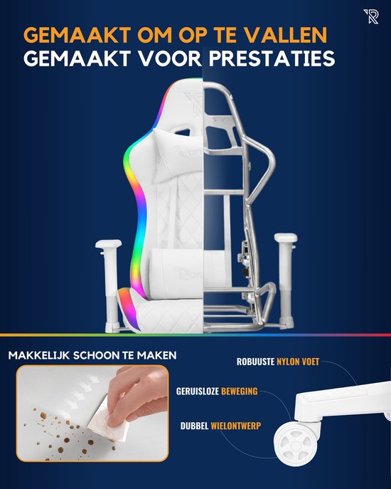 Gamerstoel met RGB-verlichting, demonstratie van reiniging en zwenkwielen.